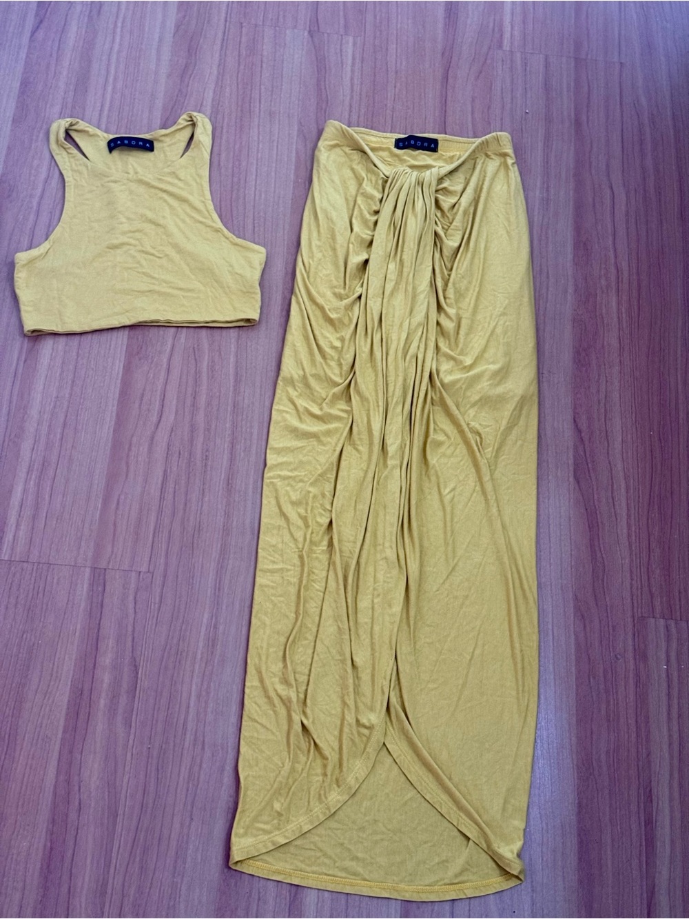 Sabora Mustard Yellow 2 Piece Crop Top & Ruched Maxi Skirt Set Size Small